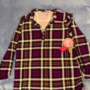 Feathers Purple + pink plaid maternity SHIRT  Women size L